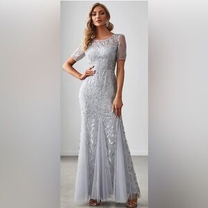 Ever Pretty Silver Sequin Leaf Mesh Fishtail Hem Gown size4